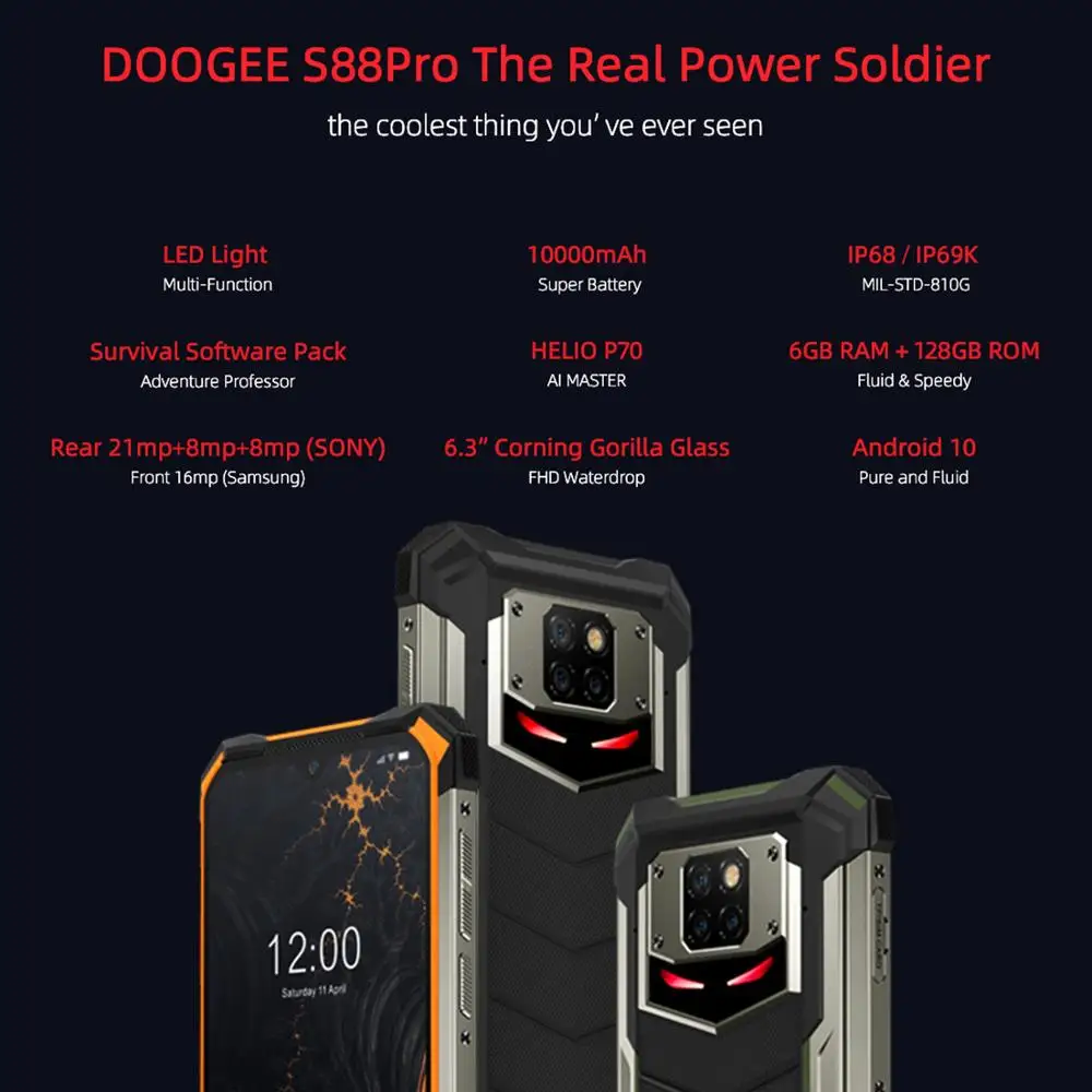 Смартфон DOOGEE IP68/IP69K S88 Pro Android 10 10000 мА · ч 8 ядер 6 + 128 ГБ|Смартфоны| |