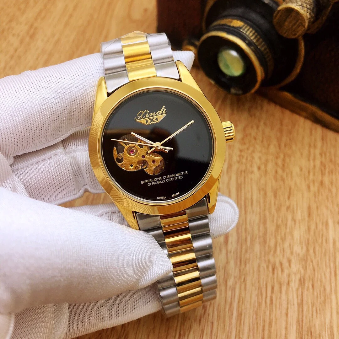 

Hot sale in gold style, simple round hollow men's mechanical watch with solid steel band 2021 new casual fashion business