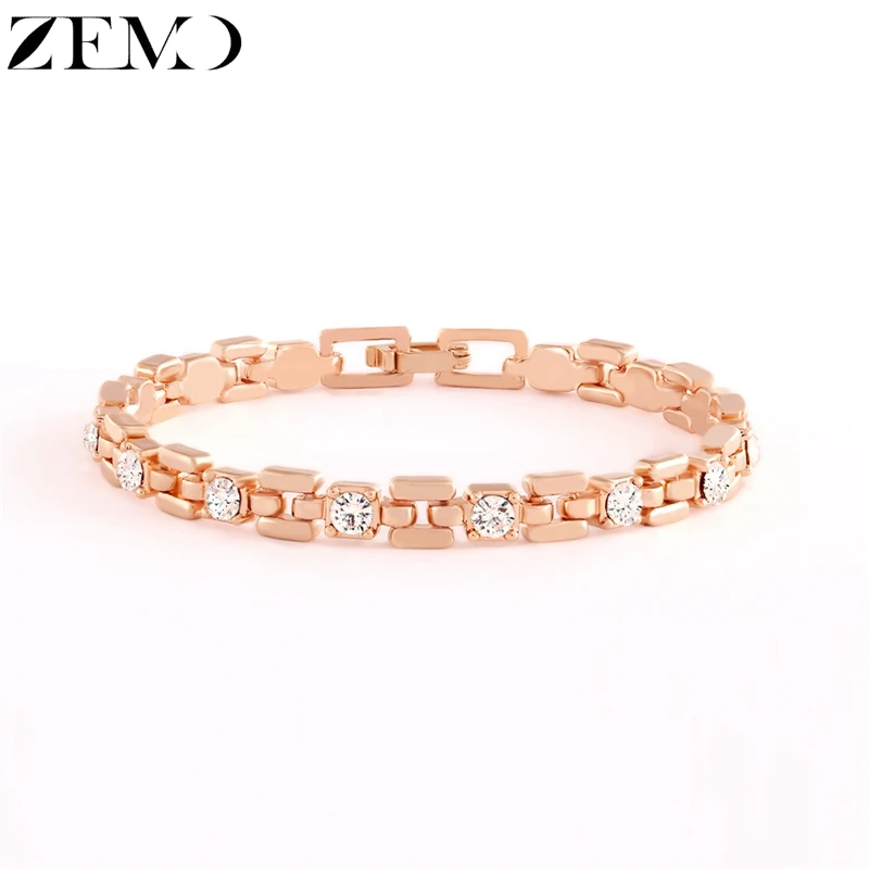 

ZEMO Three Color Square Chain&link Bracelet With Cubic Zircon Rhinestone Gold Crystal Bracelets for Women Femme accesorios mujer