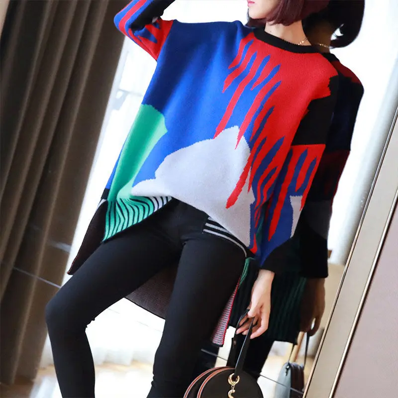 

Autumn and Winter Mid-length Striped Sweater 2021 New Women's Loose Outer Wear Lazy Base Coat All-match Rainbow Sweater