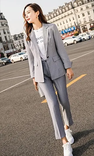 Blazer and Pant Осенний OL Розовый Серый Женский Тонкий Блейзер Модный Полосатый Блейзер и брюки комплект из 2 предметов Женская Офисная Рабочая одежда брючный костюм - Цвет: Blazer and Pant