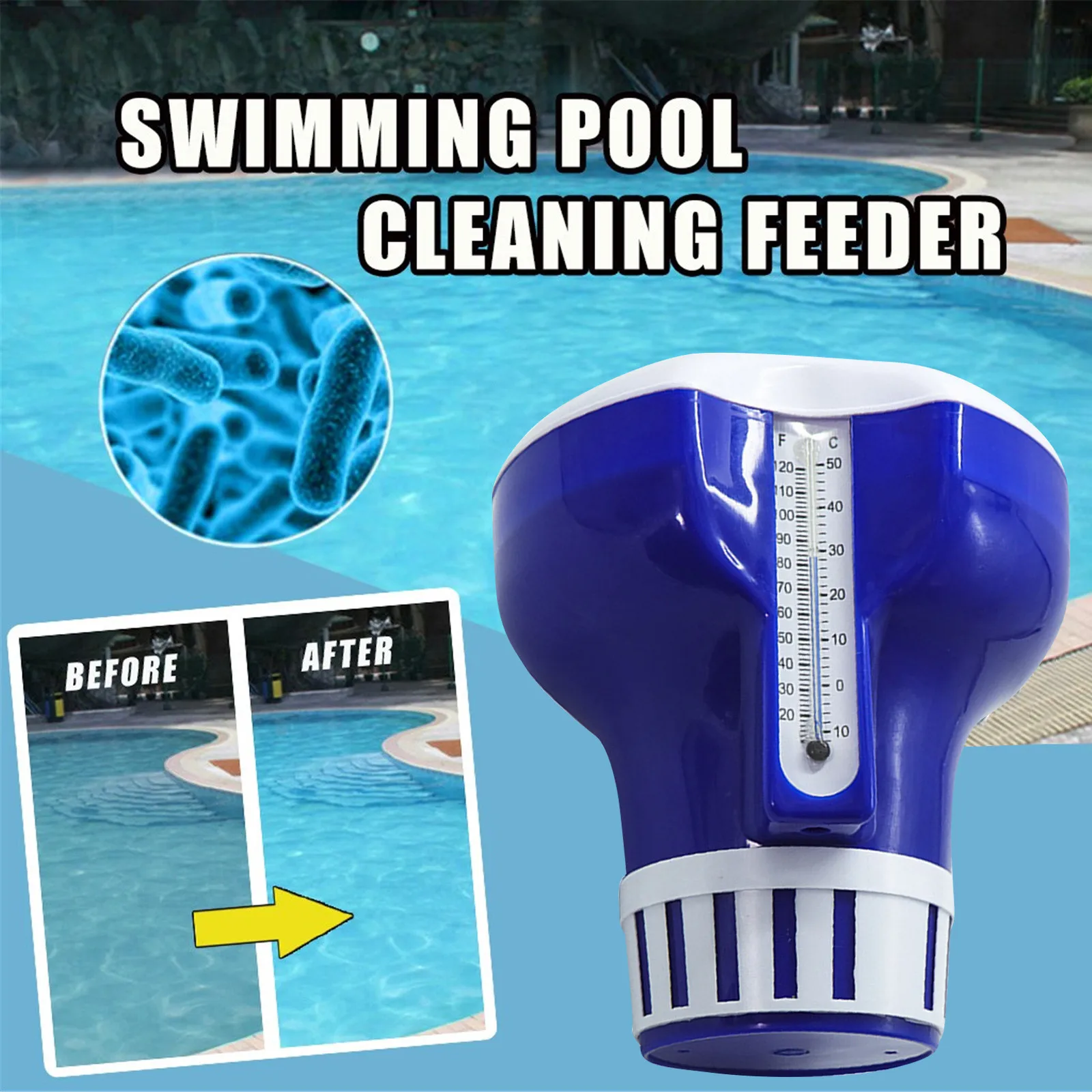 

7 inch Deluxe Large Blue and White Floating Swimming Pool Spa Chlorine Dispenser with an adjustable chlorine output vent