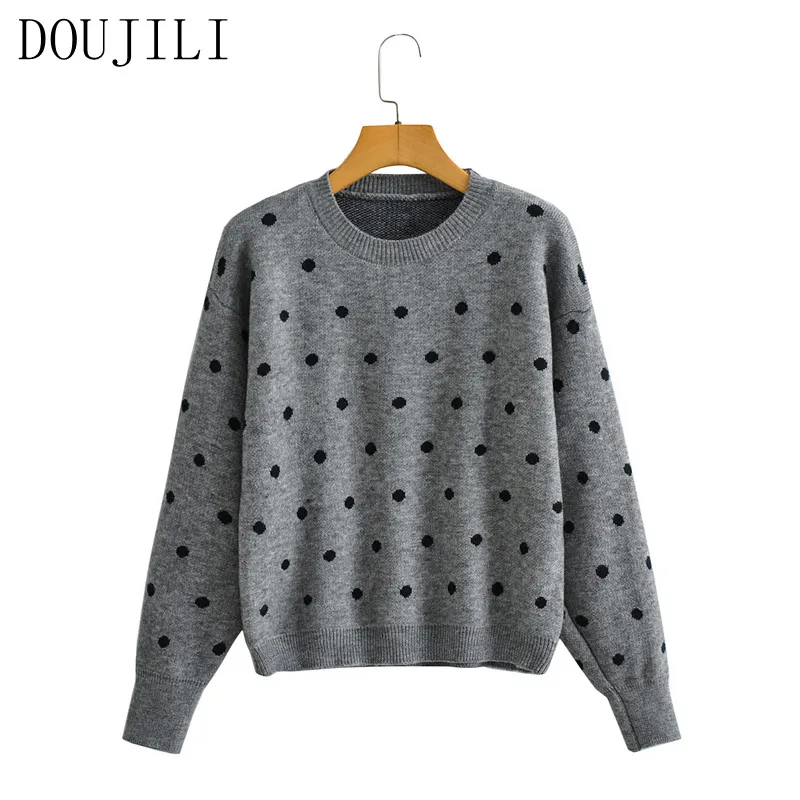 

DOUJILI Retro Vintage Temperament Knitted Sweater Black Dots Round Neck Long Sleeve Warm Pullovers For Women