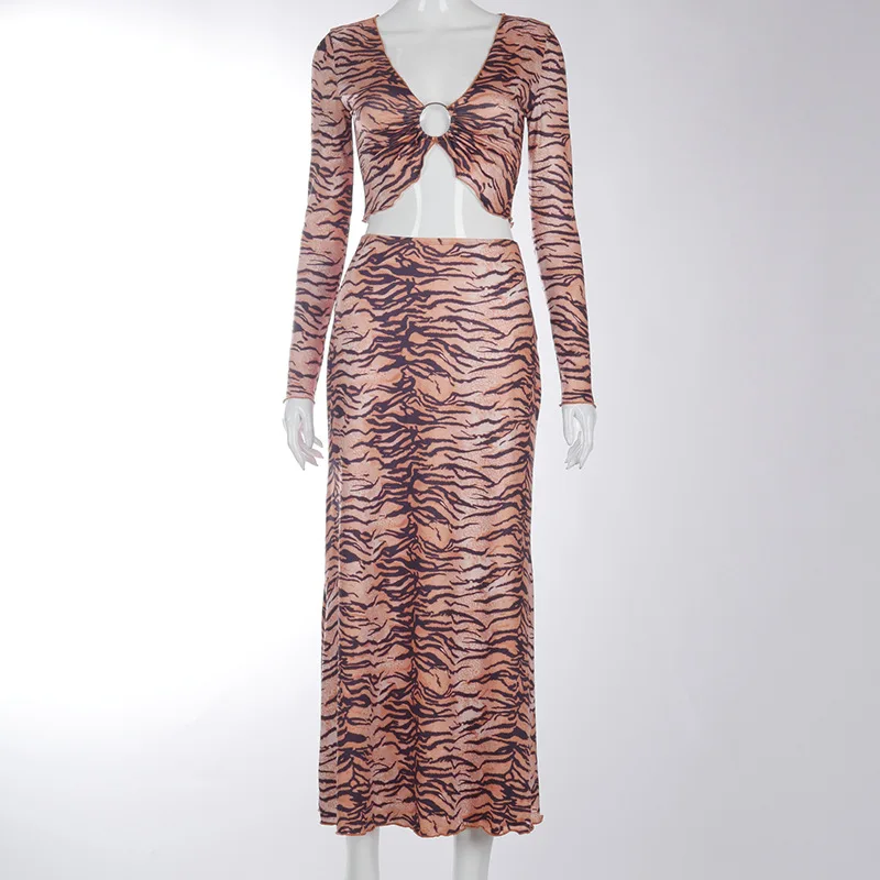 

Female 2021 New Spring Dress Set Tiger Print V-Neck Women Long Sleeve Sexy Crop Tops+Maxi Bodycon Long Dress Matching Outfit