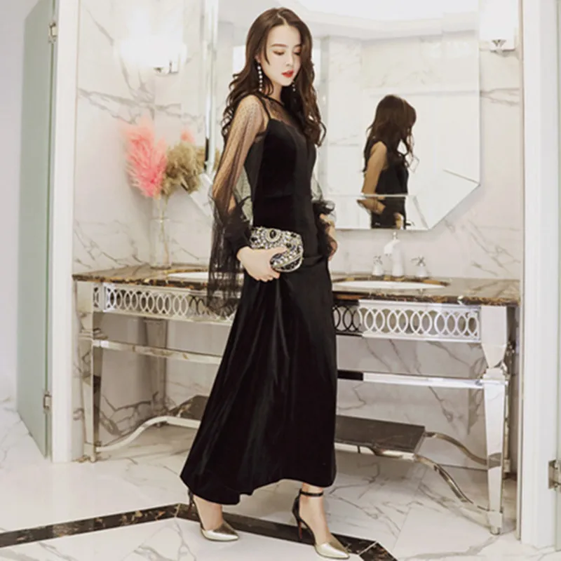 Женское черное миди вечернее платье с длинным рукавом для женщин большое