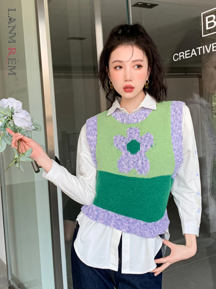 

LANMREM 2021 осень зима новый цветочный контрастный цвет Стильный вязаный жилет женский свитер с круглым вырезом Женская мода 2W1040