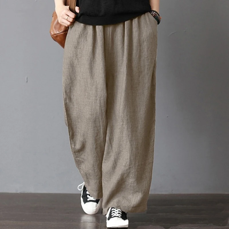 

2XL Hot Women's Casual Loose Wide Leg Pants Vintage Elastic Waist Trousers Casual Cotton Linen Oversized Long Pants
