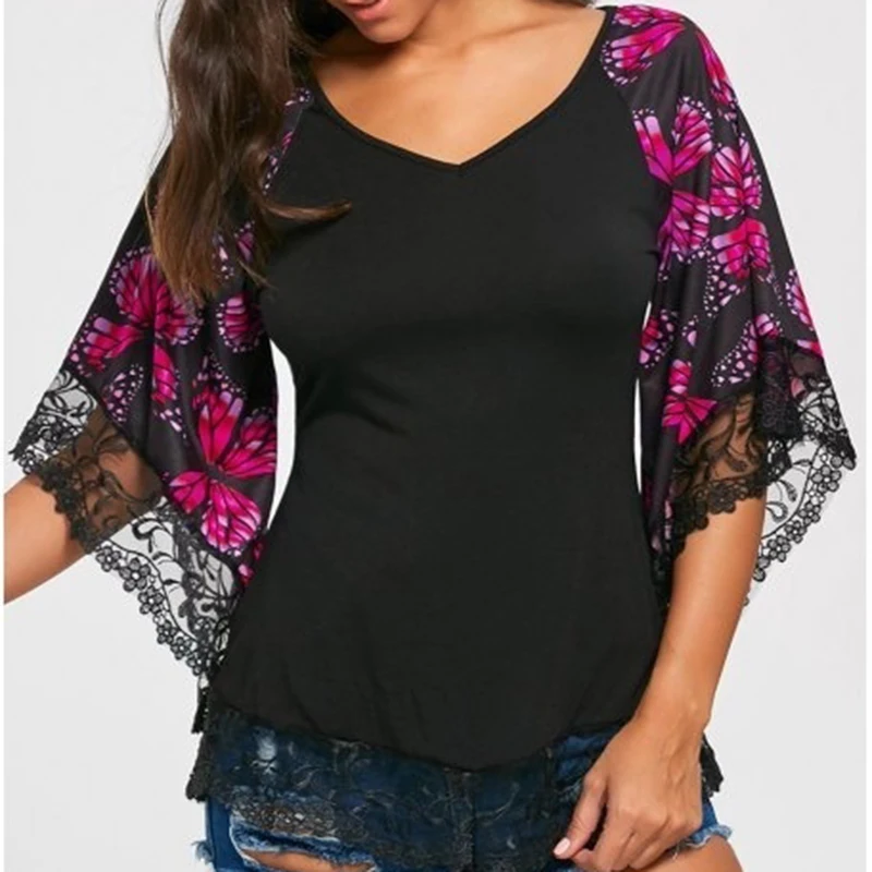 

2021 Summer Blouses Women Fashion Butterfly Print Lace Trumpet Half Sleeve Shirts Ladies Casual V-neck Boho Blouse Tops Female
