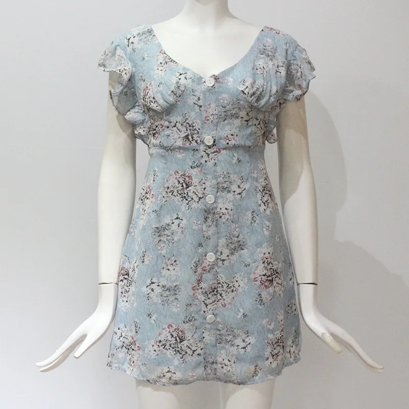 

Women Summer V Neck Short Butterfly Sleeve Dress Floral Print Backless Bandage A-Line Dress Sexy Lady Vestido Mini Dresses 2021