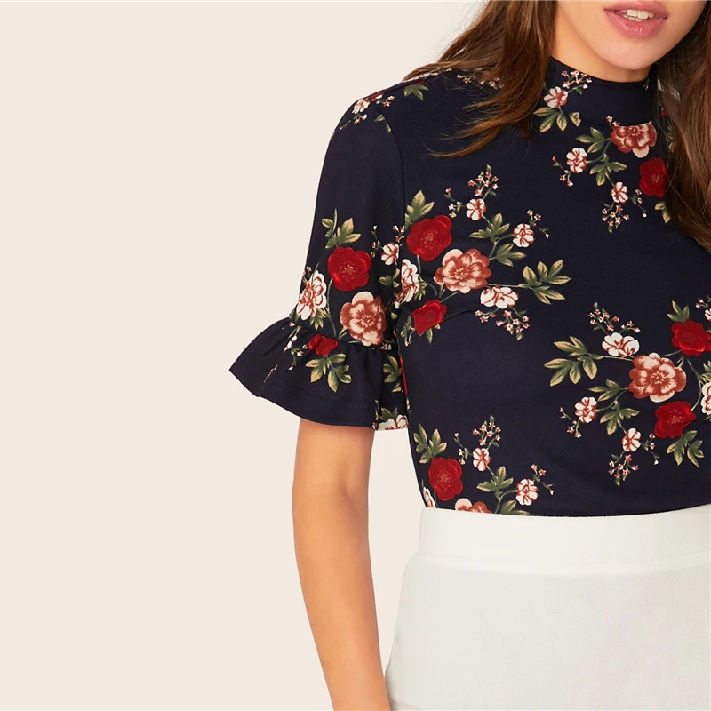 SHEIN abaya/темно-синяя гофрированная манжета с круглым вырезом, футболка с цветочным принтом, топ, женский летний рукав-Волан женские, облегающие элегантные футболки, топы