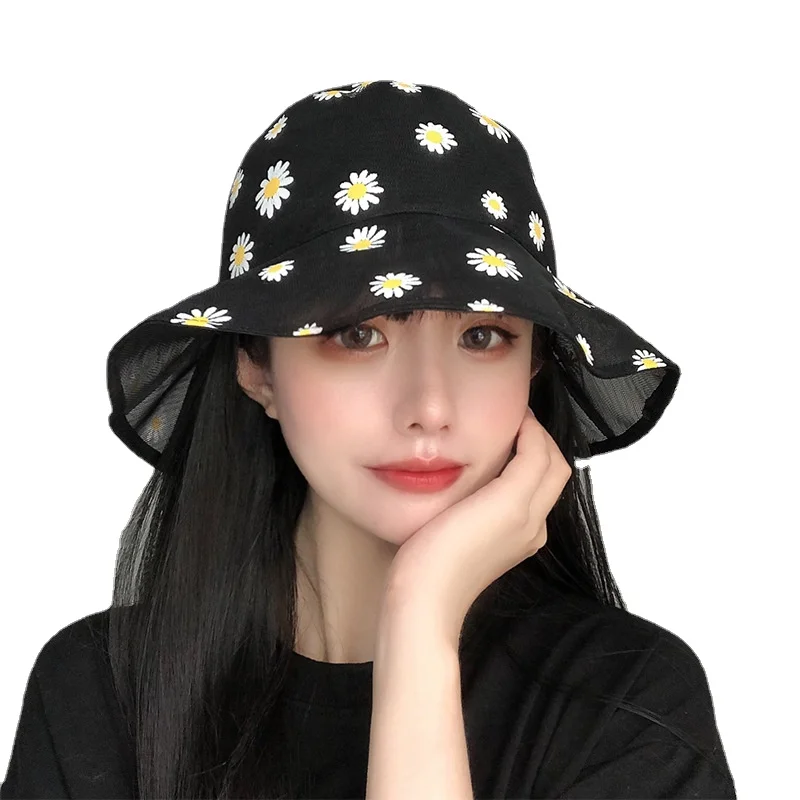 

2021 Yarn Gauze Foldable Daisy Bucket Hat Women Summer Girl Transparent Panama Cap Fresh Art Bob Outdoor Female Fisherman's Hats