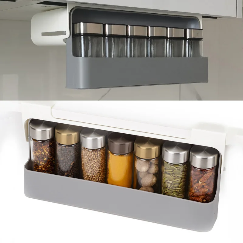 

Home Kitchen Self-adhesive Wall-mounted Under-Shelf Spice Organizer Spice Bottle Storage Rack Kitchen Supplies Storage