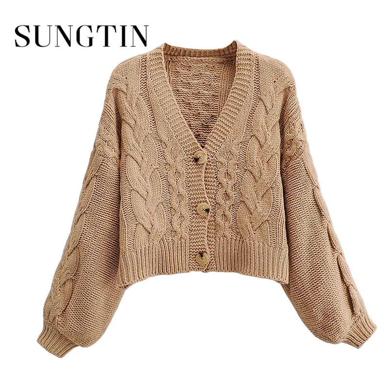 Кардиган женский вязаный с V-образным вырезом рукавами-фонариками - купить по