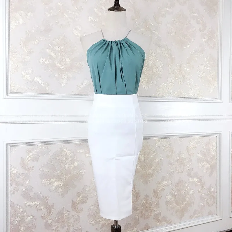 Летний шифоновый топ с лямкой на шее Облегающая белая юбка средней длины