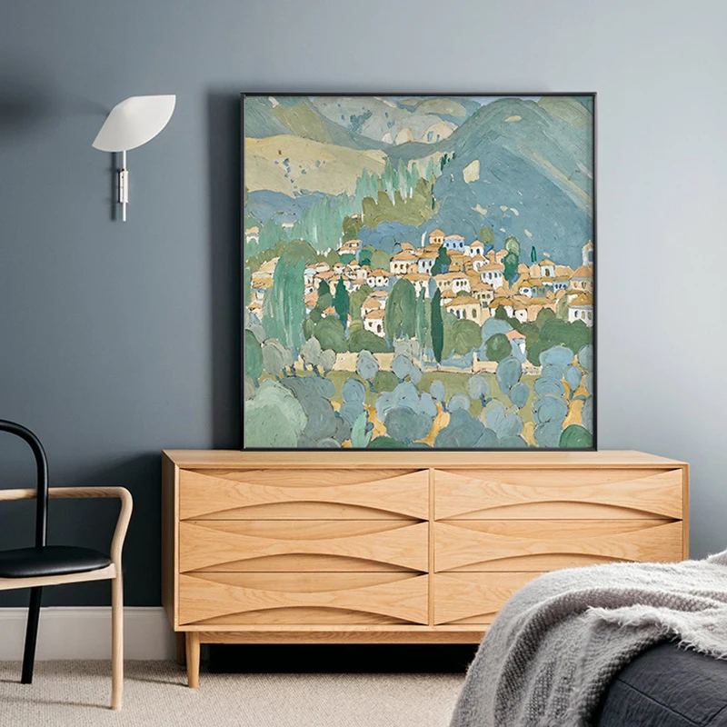 

Abstract Village Landscape Poster Wall Art Canvas Painting Scandinavian Mountain Scenery Pictures for Living Room Nordic Decor