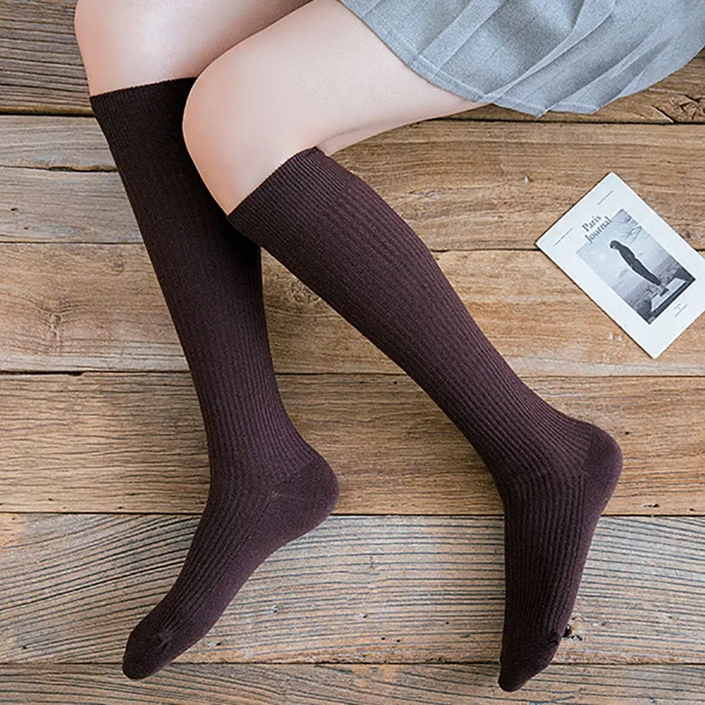 

Fashion Solid Colors Double Needles Knitting Girls Knee High Socks Thin Long Socks Winter Autumn Calf Socks Women