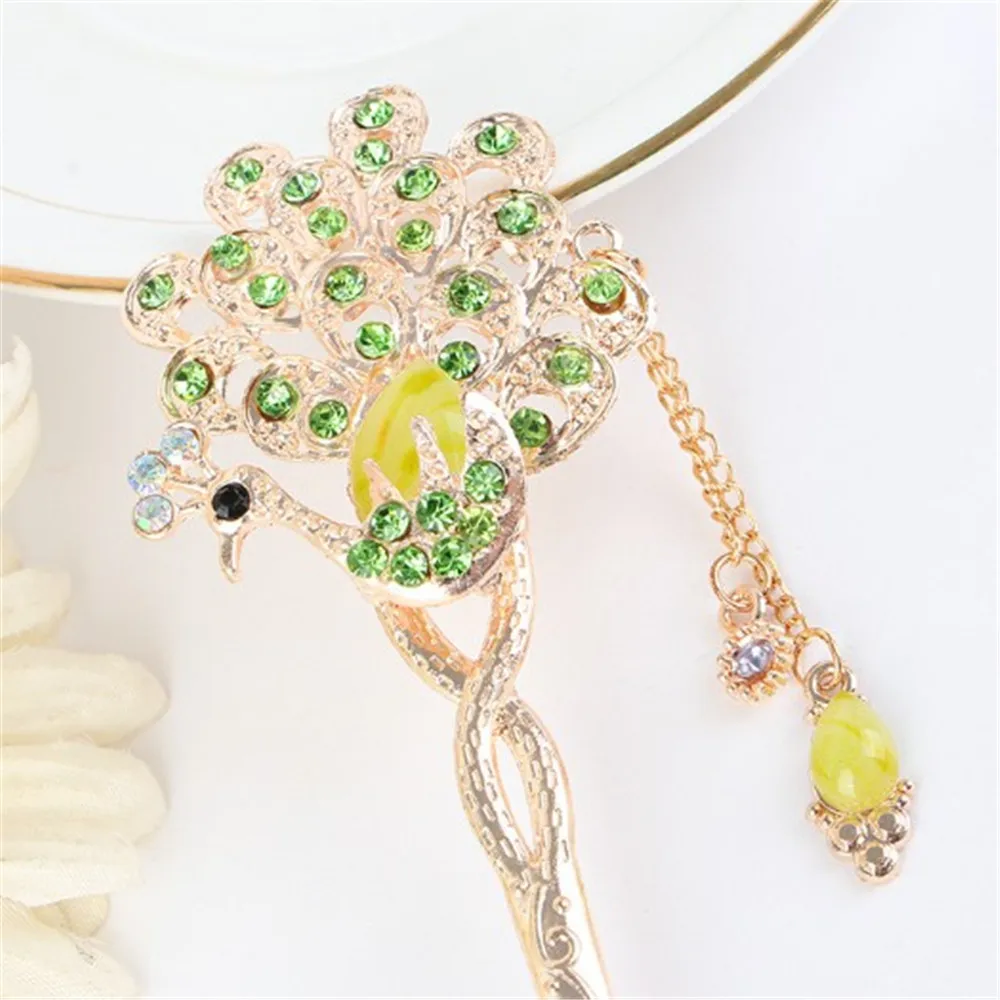 

New Retro Style Women's Peacock Hairpin Imitation Diamond Multicolor Alloy Embossed Hairpin