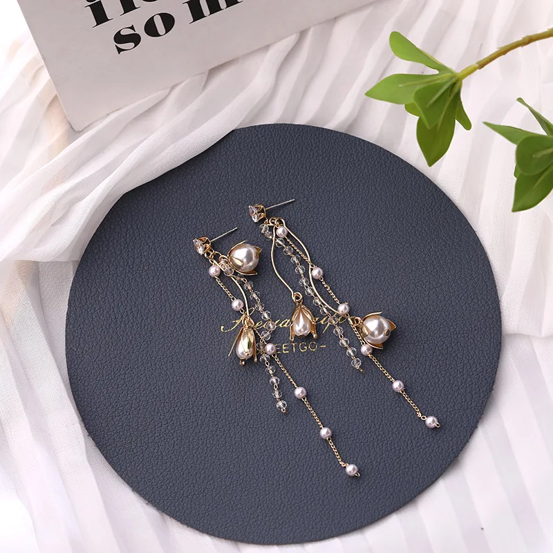 Длинные серьги-гвоздики корейские модные длинные серьги с кисточками розой и