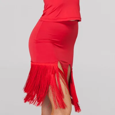 Женская юбка для латиноамериканских танцев черная красная с бахромой
