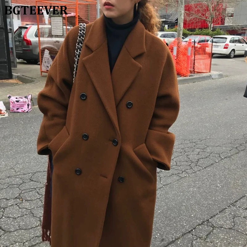 BGTEEVER зимнее теплое двубортное женское длинное пальто с отложным воротником 2020 винтажное плотное шерстяные