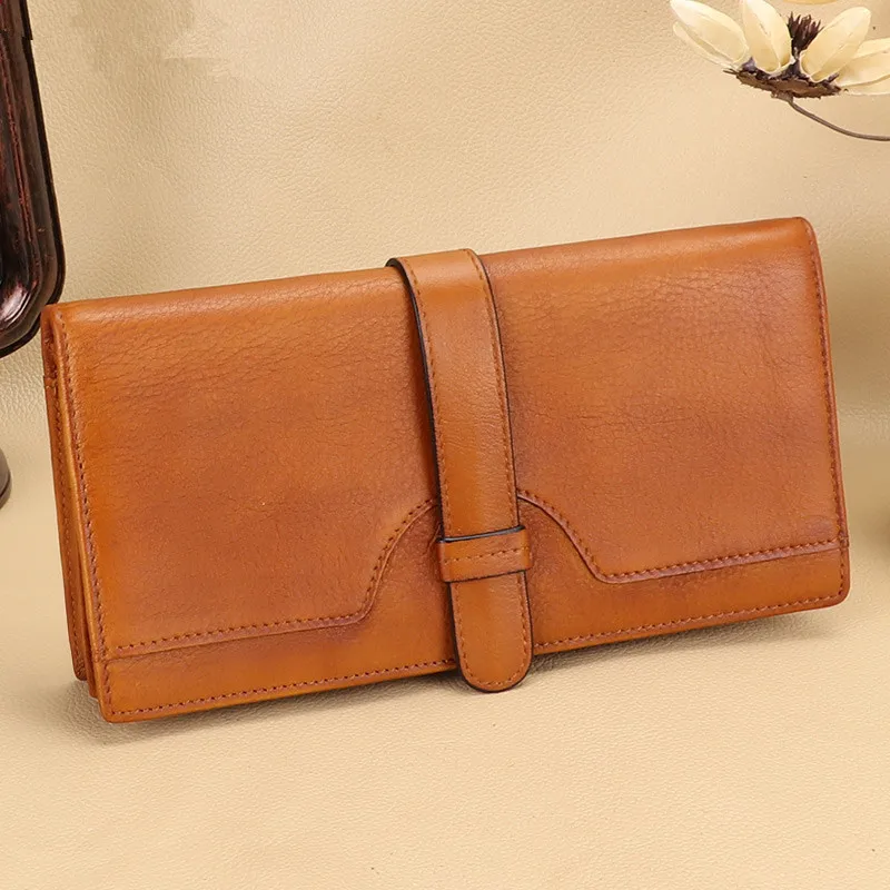 Retro ladies handmade first layer cowhide wallet women wallet leather card purses women long anti-theft brush 2020 new thin