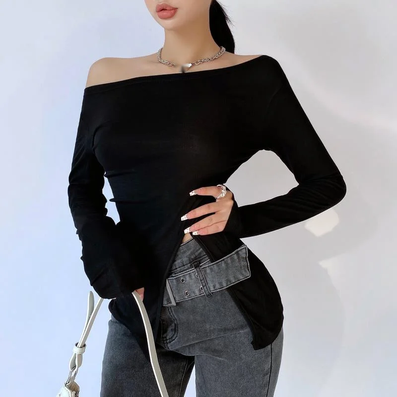 

Осень Спайс девушка без бретелек тонкая Базовая зимняя футболка футболки корейский Тонкий нестандартный разрез женская футболка Y041