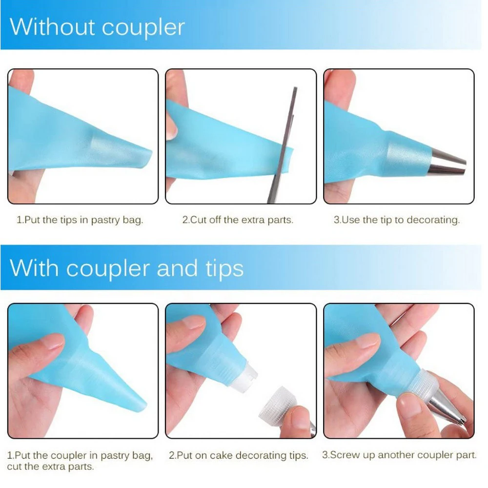 

14pc / Set Silicone Icing Custard Bag 4 Standard Couplers and 4 Icing Bag Cake Tools Ties Baking Supplies Accessories (Blue)