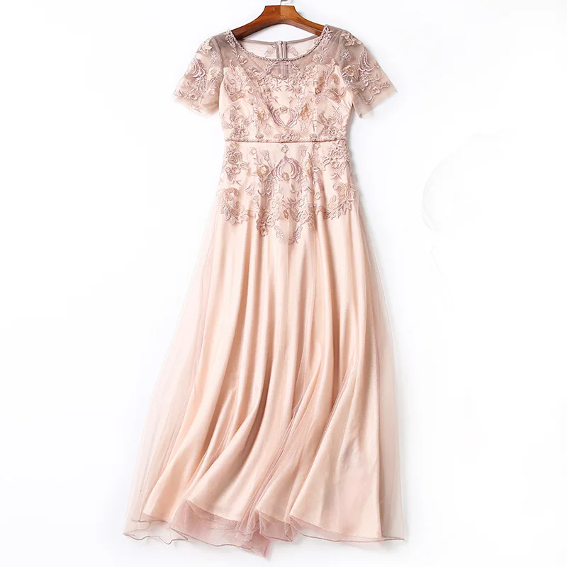 

AELESEEN Runway Fashion Women Dress 2020 High Quality Gray Flower Embroidery Beading Luxury Mesh Party Holiday Elegant Dress XXL