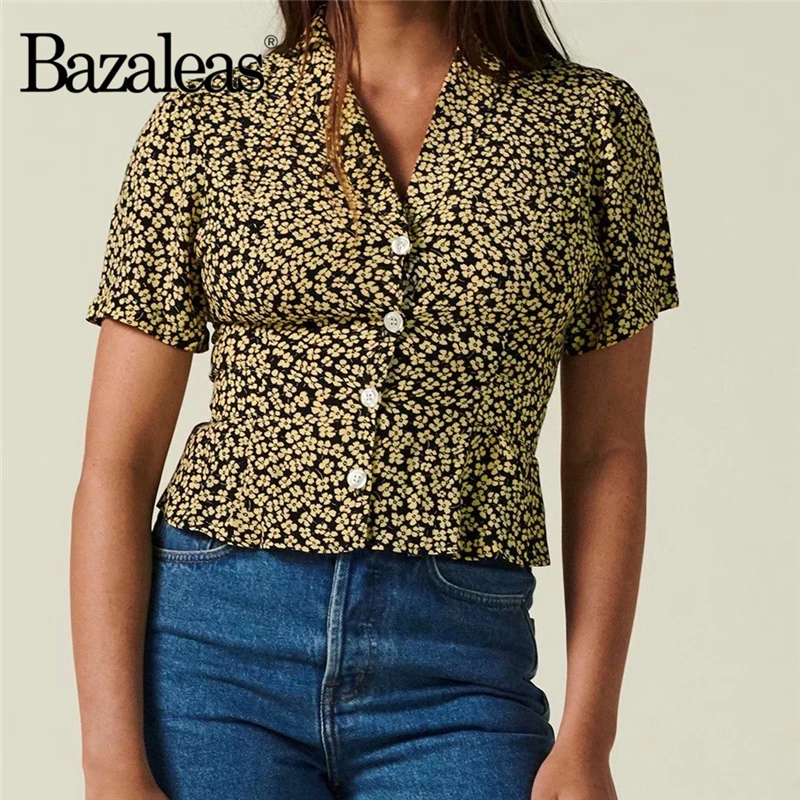 Bazaleas France Night Blue Flowers Print blouse women Fashion Center Buttons Women Cute summer tops | Женская одежда