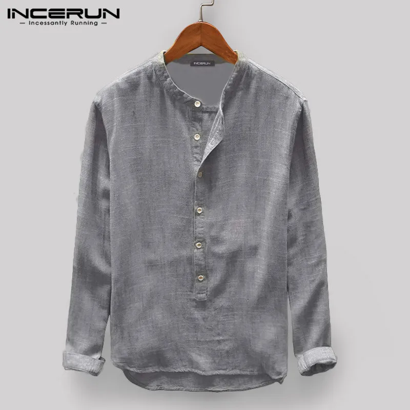 incerun men casual shirt stand collar long sleeve tops pullover leisure button japanese men basic shirts camisa harajuku 2021 free global shipping