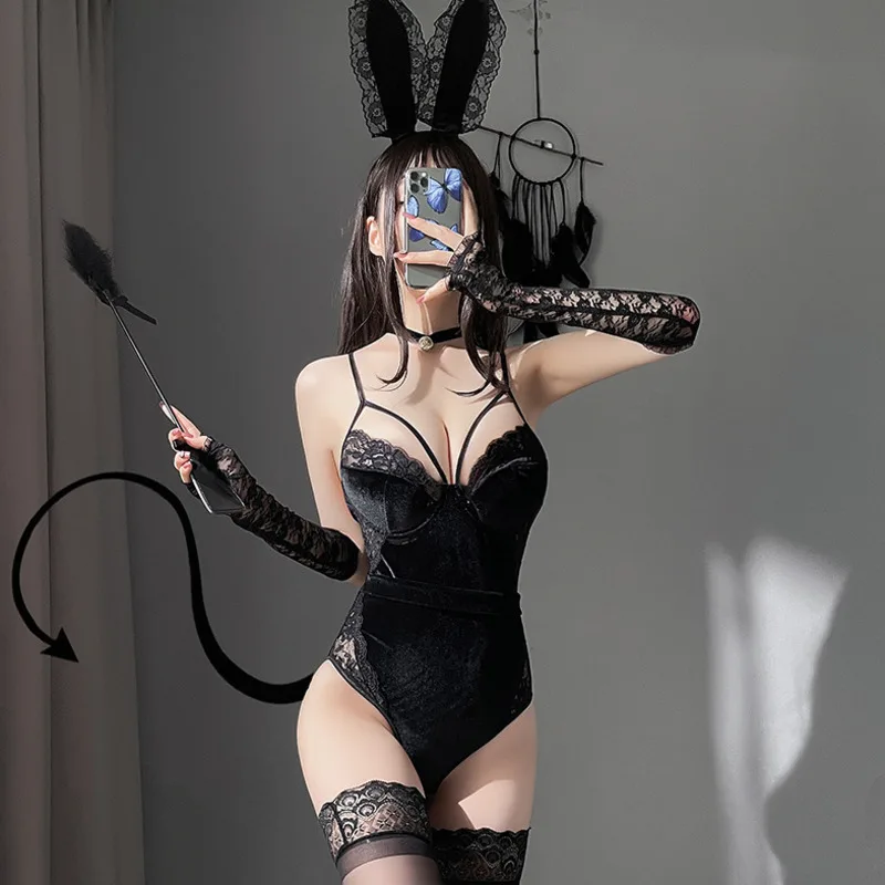 

WOMENGAGA Red Hot Sexy Women Korean V Neck Cosplay Rabbit Bodysuits Mesh Lace Hollow Summer Tops IXF1