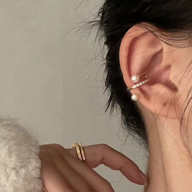 Корейский Золотой волнистых линий жемчуг Earcuff поддельный пирсинг жемчужные