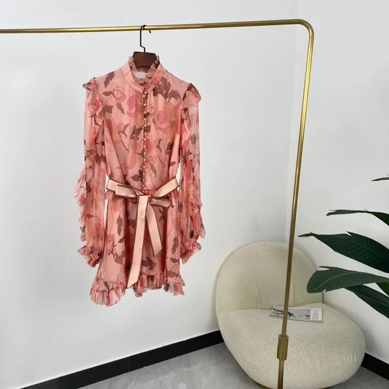 

High Quality SilK Summer Women Fashion Pink Flower Print Long Sleeves Ruffles Decoration Lace up Playsuit