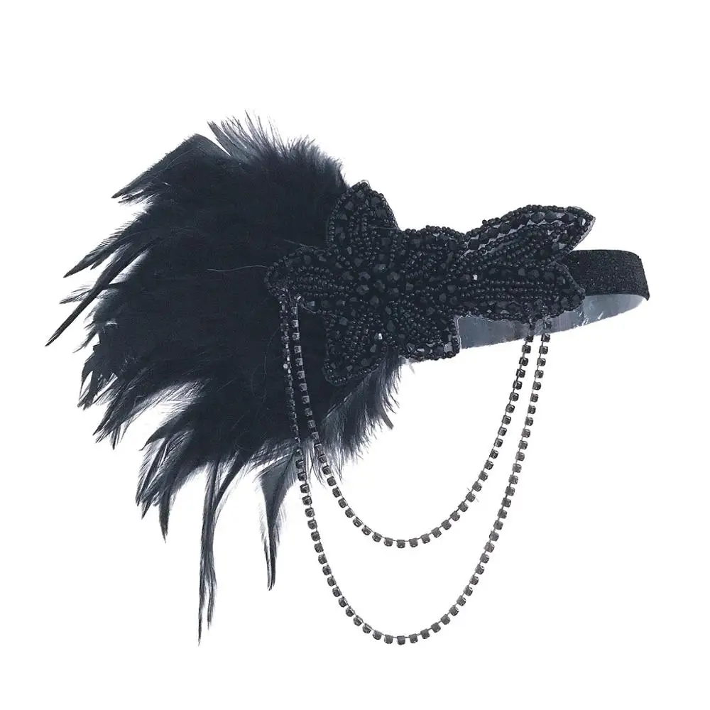 

Женская повязка на голову с черными кристаллами, повязка на голову с черными перьями, 1920