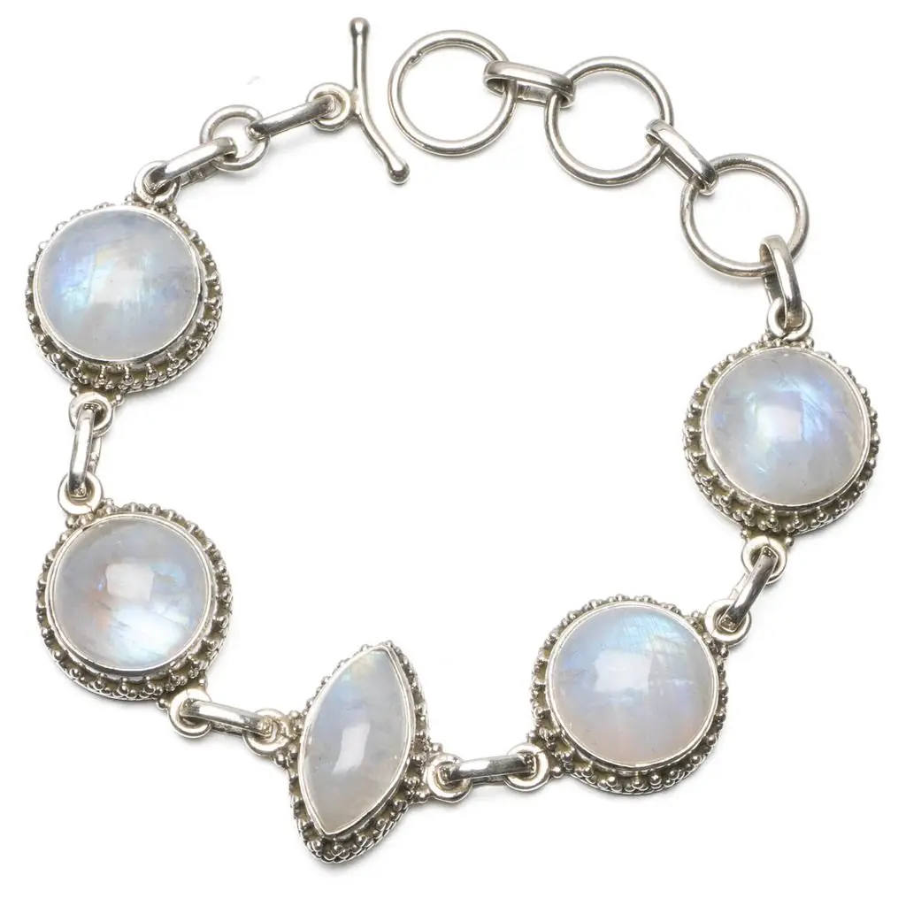 Браслет из серебра 925 пробы с натуральным лунным камнем радуги 6 1/2-7 1/2 дюймов P2106 |