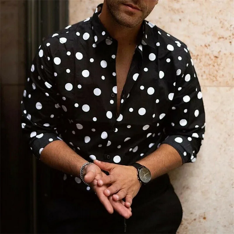 

Рубашка мужская с отложным воротником и длинным рукавом, модная повседневная на пуговицах, топ с принтом в горошек, весна-осень