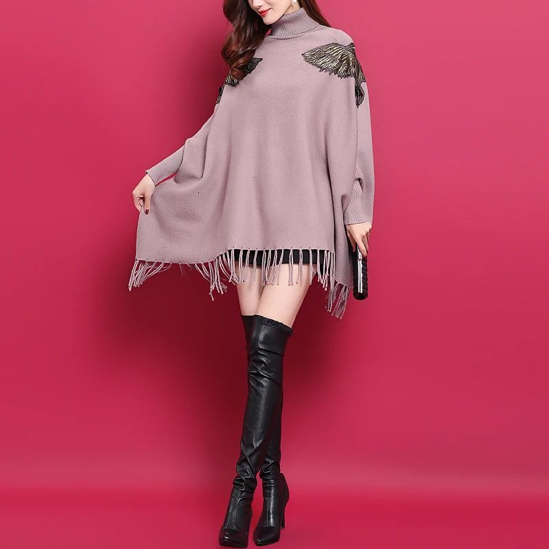 OEM Roll Neck Double Knitting Tassels Wraps PLus Size Women Animal Glittery Knit Poncho Sweater Cape Pullover Shawls With Sleeve
OEM Roll Neck Double Knitting Tassels Wraps PLus Size Women Animal Glittery Knit Poncho Sweater Cape Pullover Shawls With Sleeve