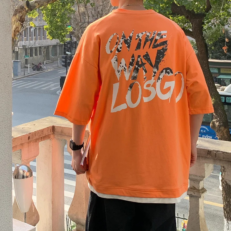 

2021 Men's short sleeve T-shirt summer new tide of men's fashion half sleeve body whose loose Letter printing cotton men's top