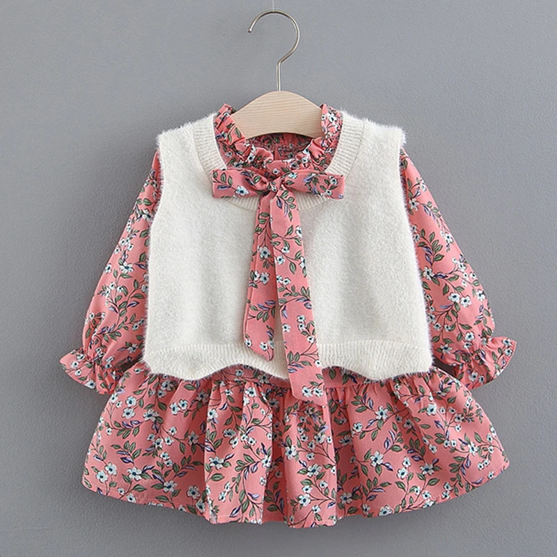 

Girls Suit Children'S Clothing Autumn And Winter Fur Vest+Princess Long Sleeve Bow Dress 2pcs Cute Baby Kids Girl Clothes Sets