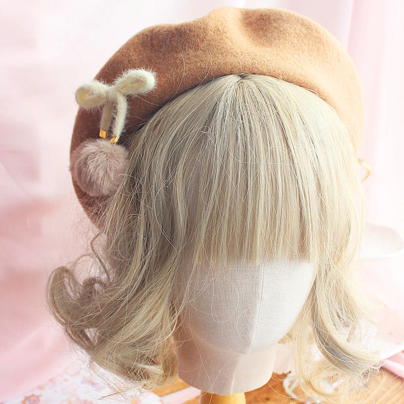 

Lolita Chocolate Pompon Bow Beret Women's Japanese JK Autumn Winter Woolen Painter Cap Pancake Hat