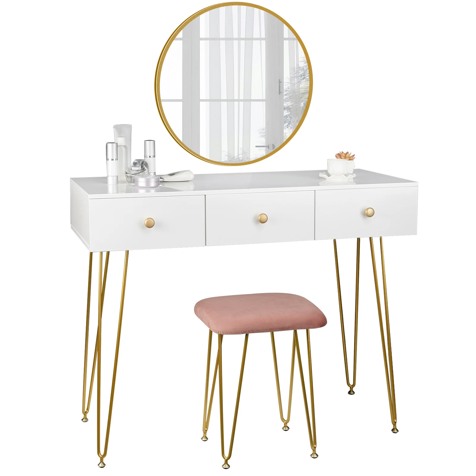 1Set Dressing Table with Stool Mirror Women Girls Makeup Cosmetic 3 Drawers Vanity Dressers Bedroom Furniture | Мебель