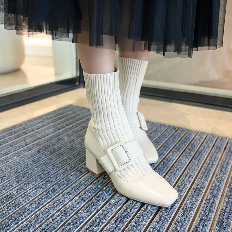

Elegant knitting Genuine Leather Women's Boots buckle Square Toe Thick Heels Pumps Newest Party Prom Shoes Woman