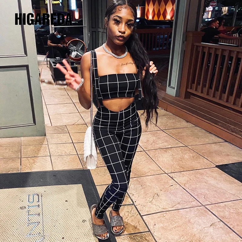 

2020 plaid crop tube top overall pants 2 piece set autumn winter women fashion streetwear outfits tracksuit