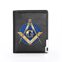 high quality luxury masonic logo printing leather wallet credit card holder short male slim purse for men