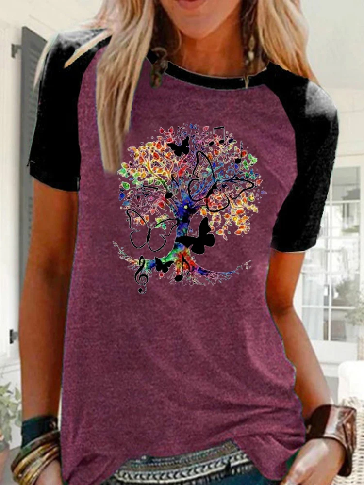 

Women's Summer New Fashion Music Tree Printed T-shirt Short Sleeve Round Collar Tops Ladies Casual Plus Size Blouse Tops