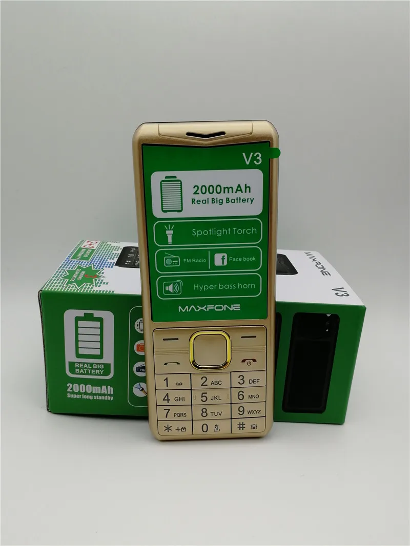 Gold Maxfone V3 кнопочные сотовые телефоны с 1,77 дюймов 2000 мАч две sim-камеры Bluetooth Spotlight большой динамик FM дешевый мобильный телефон - Цвет: Gold