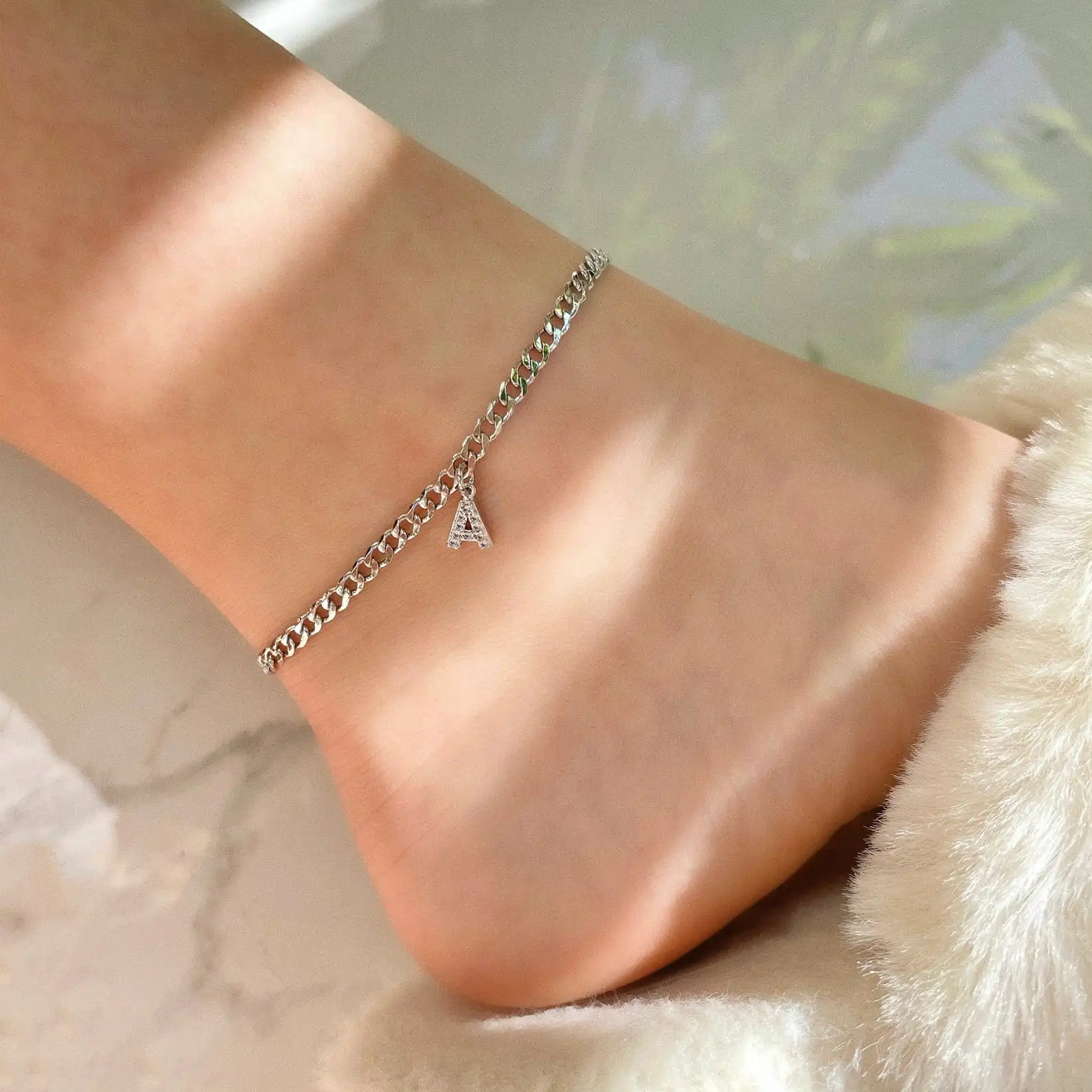 

Customized Name Anklet 6mm CZ Stone Letter Charms Personalized Cuban Chain Custom Ankle Bracelet for Women Girls