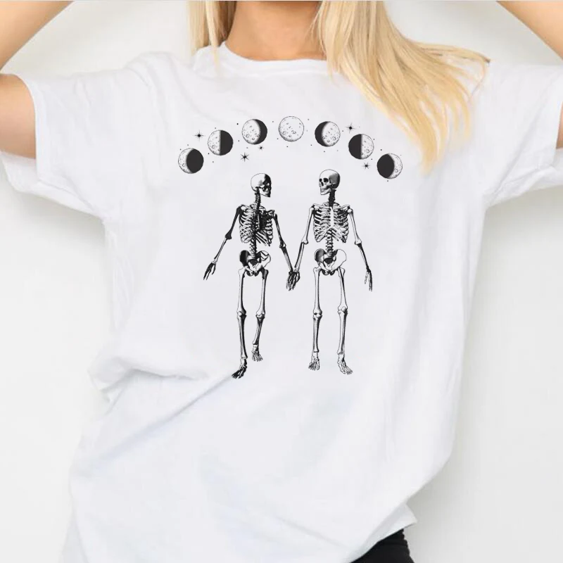 

Skeleton Moon Phase Letter Printed Summer Fashion Gothic Style Dark Casual Funny Harajuku hipster Women T-Shirt Clothing