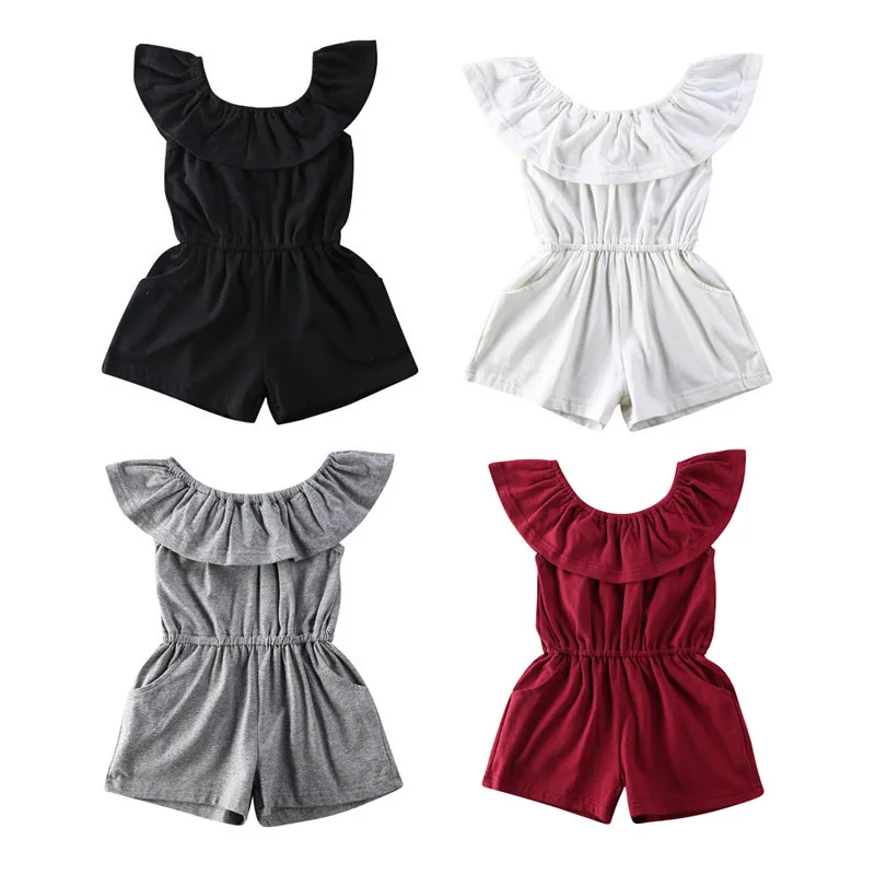 Детский однотонный комбинезон с открытыми плечами и оборками | Мать ребенок