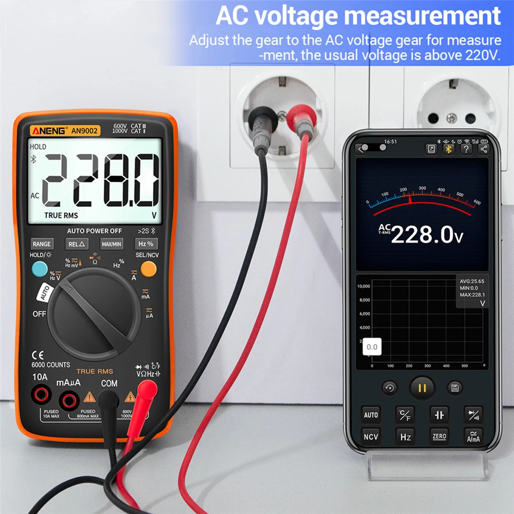 

Wireless Bluetooth-compatible Digital Multimeter Electric Portable Range RMS Manual/Auto Strong Toughness Voltmeter Ammeter
